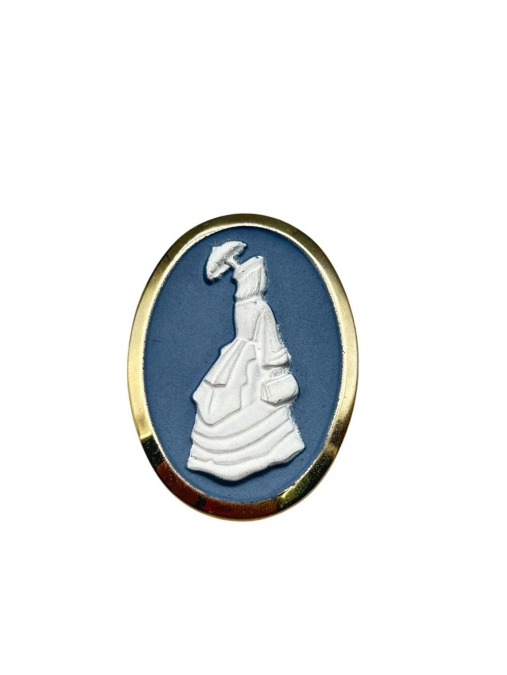 Vintage Simulated Cameo Pin Brooch Woman Silhuette With Parasol Blue And White